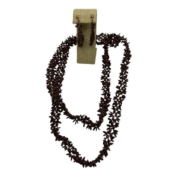 Vintage Handmade Hawaiian KOA Seed Lei Necklace and Matching Earrings Set - Picture 1 of 8
